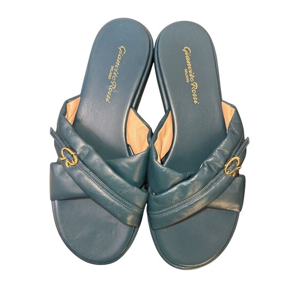 Gianvito Rossi Blue Leather Cross-Strap Sliders Size 8.5 - Picture 2 of 9